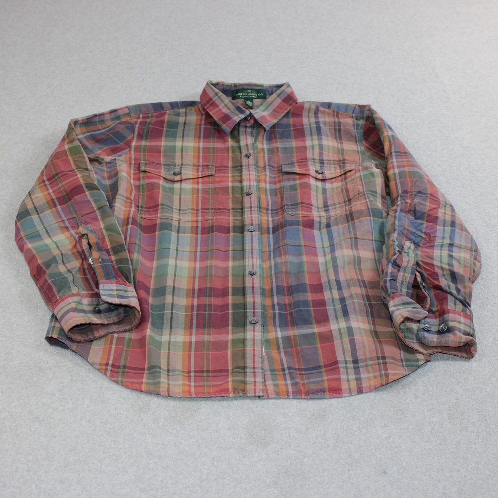 LRL Lauren Jeans Shirt Women XL Red Plaid Button Long Sleeve Heritage Classic